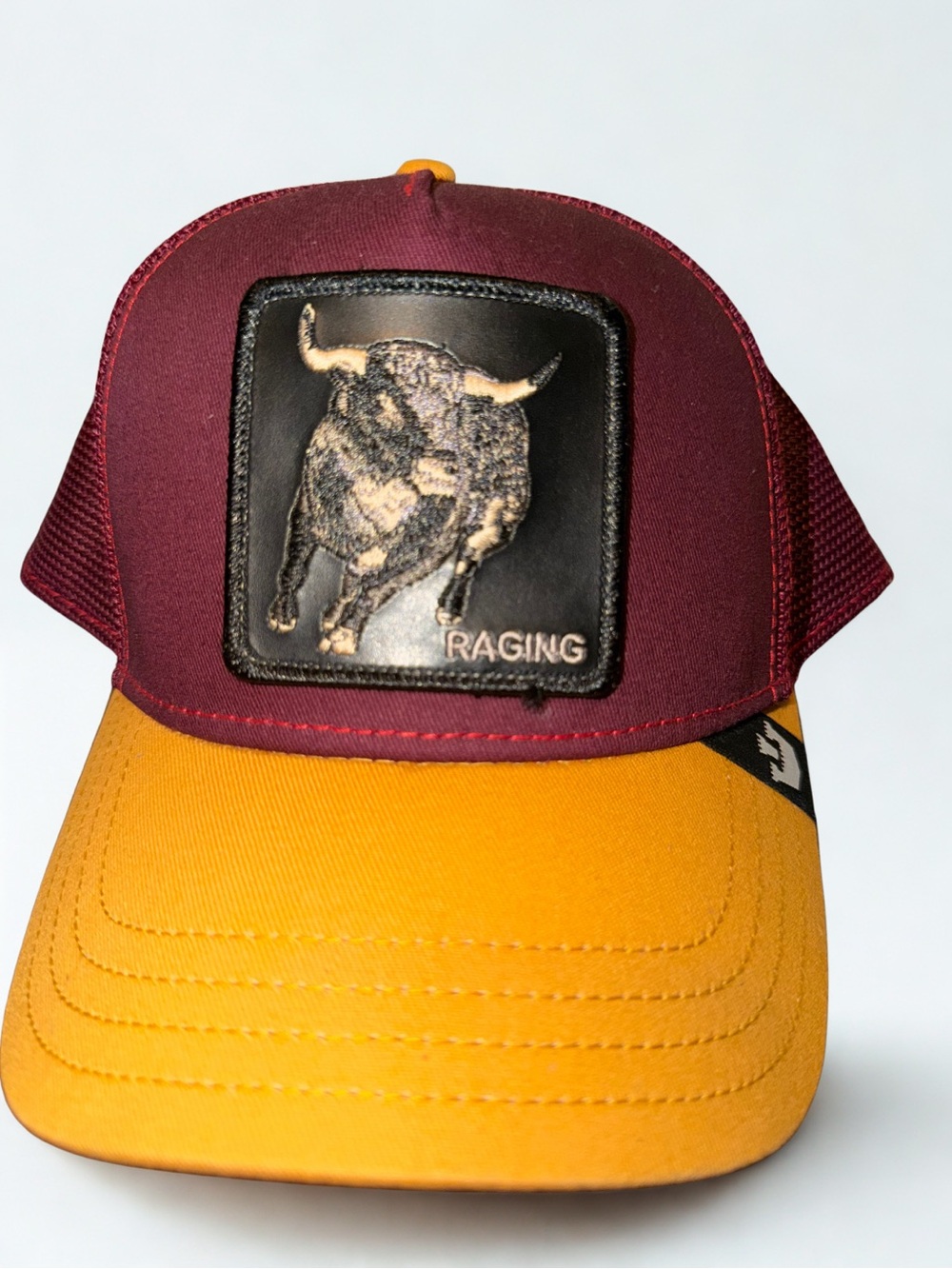 Goorin Bros Maroon and Yellow Bull Patch Trucker Hat